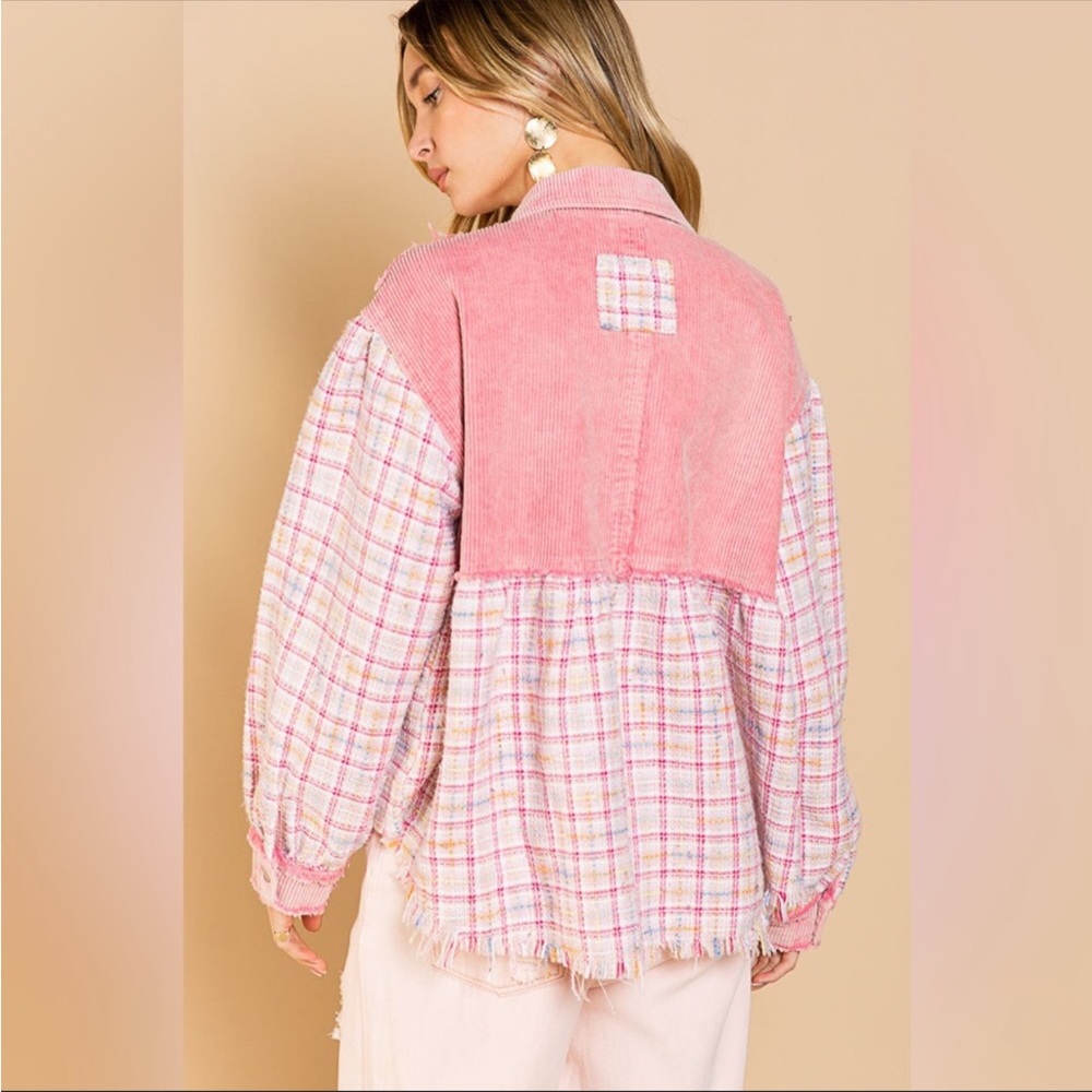 Corduroy Tweed Ballon Sleeves Pink Womens Shacket Button Down - Picture 8 of 11